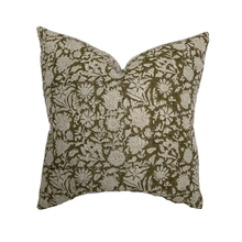 Load image into Gallery viewer, Sienna | Dark Olive Floral Handblock Pillow Cover