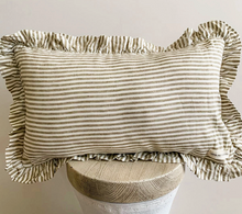 Load image into Gallery viewer, Pure French Linen Ruffle Lumbar - Olive Pinstripes
