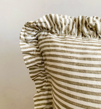Load image into Gallery viewer, Pure French Linen Ruffle Lumbar - Olive Pinstripes