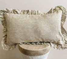 Load image into Gallery viewer, Pure French Linen Ruffle Lumbar - Olive Pinstripes
